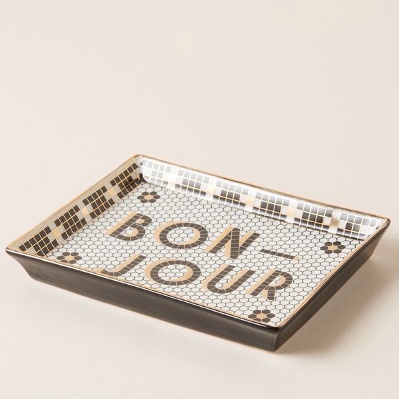 NWT Anthropologie Bistro Tile Bonjour Decorative Stoneware Tray - Black & Gold - Picture 2 of 3